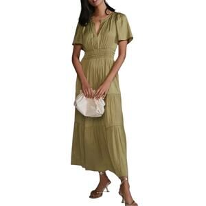 Anthropologie The Somerset Short Sleeve V-Neck Tier Green Maxi Dress XXS